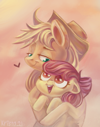 Size: 1416x1800 | Tagged: safe, artist:krista-21, derpibooru import, apple bloom, applejack, earth pony, pony, duo, duo female, female, filly, hug, mare, open mouth, siblings, sisters, smiling