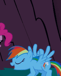Size: 435x540 | Tagged: safe, derpibooru import, edit, edited screencap, screencap, pinkie pie, rainbow dash, earth pony, pegasus, pony, friendship is magic, animated, cropped, cute, dashabetes, female, flying, gif, jumping, mare, open mouth, reversed, scaring, smiling, solo focus, tongue, tongue out, wings