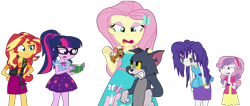 Size: 10593x4508 | Tagged: safe, artist:urhangrzerg, derpibooru import, fluttershy, rarity, sunset shimmer, sweetie belle, twilight sparkle, cat, human, mouse, better together, equestria girls, cartoon network, crossover, crying, makeup, rarity peplum dress, running makeup, simple background, tom and jerry, transparent background, vector