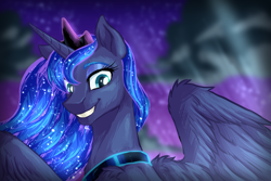 Size: 1500x1000 | Tagged: safe, artist:not-ordinary-pony, derpibooru exclusive, derpibooru import, princess luna, alicorn, pony, diadem, ethereal mane, female, glowing mane, mare, peytral, smiling, solo, starry mane