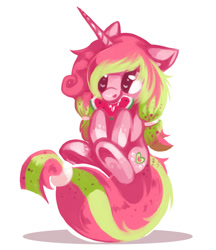 Size: 906x1050 | Tagged: safe, artist:typicalup, derpibooru import, oc, oc:melon pop, unicorn, ears, eating, floppy ears, food, horn, sitting, solo, unicorn oc, watermelon