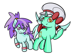 Size: 2422x1779 | Tagged: safe, artist:dinkyuniverse, derpibooru import, liza doolots, lyra heartstrings, petunia, tootsie flute, pony, unicorn, bow, bracelet, clothes, costume, cutie mark, ear piercing, earring, female, filly, hat, jewelry, liza (pokemon), lyra (pokemon), lyre, mare, mother and child, mother and daughter, musical instrument, namesake, parent and child, piercing, pokéball, pokémon, pokémon trainer, ponytail, pun, simple background, smiling, tail bow, trainer, visual pun, white background