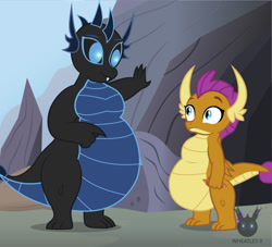 Size: 1385x1257 | Tagged: safe, artist:wheatley r.h., derpibooru exclusive, derpibooru import, smolder, oc, oc:w. rhinestone eyes, dragon, belly, big belly, dragon oc, dragoness, dragoness wheatley, duo, duo female, fat, fat tail, female, gem, pointing, sblobder, vector, watermark