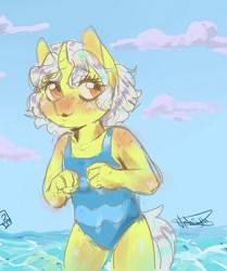 Size: 985x1181 | Tagged: safe, artist:beyond_inside, derpibooru import, oc, oc only, oc:snow t. chaos, anthro, unicorn, anthro oc, blushing, clothes, cloud, eyelashes, female, filly, horn, one-piece swimsuit, outdoors, swimsuit, unicorn oc, water