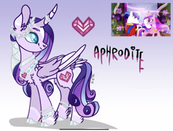 Size: 2202x1668 | Tagged: safe, artist:caramelbolt24, derpibooru import, princess cadance, shining armor, oc, oc:aphrodite, alicorn, pony, unicorn, abstract background, alicorn oc, chest fluff, clothes, curved horn, ear fluff, ears, female, horn, horn ring, looking back, male, mare, offspring, parent:princess cadance, parent:shining armor, parents:shiningcadance, ring, screencap reference, signature, smiling, stallion, two toned wings, wings