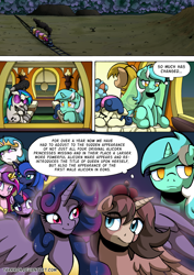 Size: 2408x3400 | Tagged: safe, artist:tarkron, derpibooru import, bon bon, dj pon-3, lyra heartstrings, octavia melody, princess cadance, princess celestia, princess luna, sweetie drops, twilight sparkle, twilight sparkle (alicorn), vinyl scratch, oc, oc:king speedy hooves, oc:queen galaxia, alicorn, earth pony, pony, unicorn, comic:fusing the fusions, comic:time of the fusions, alicorn oc, alicorn princess, background pony, clock, clothes, comic, commissioner:bigonionbean, crown, cutie mark, dialogue, female, friendship express, fusion:king speedy hooves, fusion:queen galaxia, glasses, horn, husband and wife, jewelry, male, mare, regalia, royalty, self reflection, sitting, sleeping, stallion, storm, thinking, train, train station, wings, writer:bigonionbean