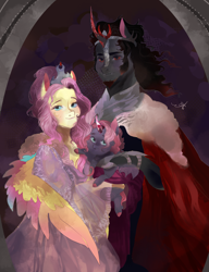 Size: 1000x1304 | Tagged: safe, artist:bunnari, derpibooru import, fluttershy, king sombra, oc, pegasus, pony, unicorn, alternate universe, crown, family, female, jewelry, male, mare, offspring, parent:fluttershy, parent:king sombra, parents:sombrashy, regalia, shipping, sombrashy, stallion, straight