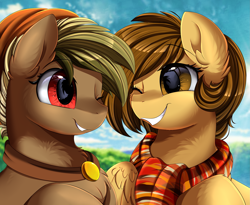 Size: 3215x2640 | Tagged: safe, artist:pridark, oc, oc only, pegasus, pony, clothes, cute, duo, looking at each other, ocbetes, one eye closed, raffle winner, red eyes, scarf, smiling