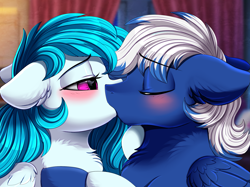 Size: 2379x1783 | Tagged: safe, artist:pridark, oc, oc only, pegasus, pony, blushing, chest fluff, clothes, cute, daaaaaaaaaaaw, duo, eyes closed, kissing, looking at each other, ocbetes, one eye closed, raffle winner, red eyes, scarf, smiling