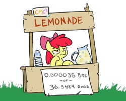 Size: 1002x806 | Tagged: safe, artist:jargon scott, apple bloom, earth pony, pony, apple bloom is not amused, bitcoin, bored, cryptocurrency, cup, dogecoin, featured image, female, filly, hair bow, hoof on chin, juice, lemonade, lemonade stand, lidded eyes, pitcher, raised hoof, raised leg, sign, solo, solo female, solo jazz, unamused