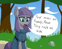 Size: 1900x1500 | Tagged: safe, artist:sufficient, maud pie, earth pony, pony, background pony, clothes, cloud, deadpan, dialogue, dress, implied anon, kek, maud being maud, nature, outdoors, path, rock, sitting, sky, solo, speech bubble, text, tree
