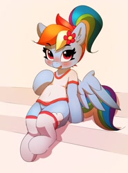 Size: 1965x2654 | Tagged: safe, artist:pabbley, rainbow dash, pegasus, pony, alternate hairstyle, blushing, clothes, cute, dashabetes, ear fluff, ears, female, flower, flower in hair, human shoulders, lidded eyes, looking at you, mare, open mouth, shirt, sitting, smiling, socks, solo, stockings