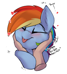 Size: 2226x2457 | Tagged: safe, artist:beardie, derpibooru import, part of a set, rainbow dash, human, pegasus, :p, beardies scritching ponies, blushing, commission, cute, dashabetes, disembodied hand, eyes closed, hand, happy, heart, tongue, tongue out, ych result