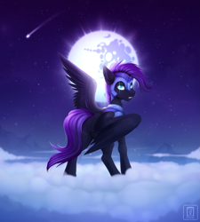 Size: 5315x5906 | Tagged: safe, artist:buvanybu, derpibooru import, oc, oc only, pegasus, pony, absurd resolution, armor, butt, cloud, commission, fangs, featureless crotch, looking back, mare in the moon, moon, night, oc needed, on a cloud, plot, shooting star, solo, standing on a cloud