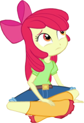Size: 1087x1600 | Tagged: safe, derpibooru import, edit, edited screencap, screencap, apple bloom, human, equestria girls, rainbow rocks, apple bloom's bow, background removed, belt, boots, bow, clothes, cropped, hair bow, jeans, looking up, not a vector, pants, rain boots, shirt, shoes, sitting, solo