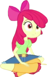 Size: 750x1200 | Tagged: safe, derpibooru import, edit, edited screencap, screencap, apple bloom, human, equestria girls, rainbow rocks, apple bloom's bow, background removed, blurry, boots, bow, clothes, cropped, female, hair bow, jeans, looking at something, not a vector, pants, rain boots, shirt, shoes, sitting, solo