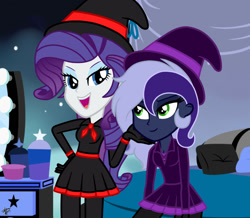 Size: 1280x1118 | Tagged: safe, artist:princessmoonsilver, derpibooru import, rarity, oc, oc:krystel, equestria girls, background, base used, clothes, dress, duo, hat, witch hat