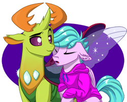 Size: 2125x1700 | Tagged: safe, artist:evergreen-gemdust, artist:olificus, derpibooru import, thorax, oc, oc:tranquil neon, changedling, changeling, insect, pegasus, base used, changeling king, clothes, commission, eyes closed, hoodie, king thorax, male, pegasus oc, redraw, shipping, simple background, sleeping, stallion, sweater, transparent background