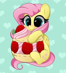 Size: 3697x4096 | Tagged: safe, artist:kittyrosie, derpibooru import, fluttershy, pegasus, pony, blushing, cute, daaaaaaaaaaaw, female, food, fruit, green background, heart, high res, hungry, macaron, mare, shyabetes, simple background, sitting, solo, strawberry, weapons-grade cute
