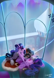 Size: 1080x1534 | Tagged: safe, artist:tingsan, derpibooru import, king sombra, twilight sparkle, twilight sparkle (alicorn), alicorn, pony, unicorn, butt, cuddling, dock, female, male, plot, shipping, straight, twibra