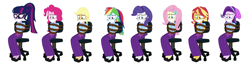 Size: 7696x2000 | Tagged: safe, artist:brightstar40k, derpibooru import, applejack, fluttershy, pinkie pie, rainbow dash, rarity, sci-twi, starlight glimmer, sunset shimmer, twilight sparkle, equestria girls, bondage, bound and gagged, chair, cloth gag, clothes, clothes swap, gag, humane eight, humane five, humane seven, humane six, long skirt, looking down, rope, rope bondage, simple background, skirt, tied to chair, tied up, white background