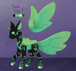 Size: 1134x1050 | Tagged: safe, artist:the-dreepy-mom, derpibooru import, oc, oc:juniper elixir, changedling, changeling, female, green changeling, reference sheet, solo