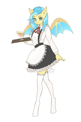 Size: 2000x3000 | Tagged: safe, artist:slh, derpibooru import, oc, oc only, anthro, bat pony, unguligrade anthro, anthro oc, bat pony oc, blue eyes, blue hair, clothes, cocktail, looking at you, maid, maid outfit, simple background, solo, stockings, thigh highs, tray, waiter, white background, wings