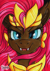 Size: 3453x4869 | Tagged: safe, alternate version, artist:julunis14, derpibooru import, fluttershy, pegasus, pony, alternate hairstyle, armor, bust, cheek fluff, ear fluff, ears, fangs, gameloft interpretation, nightmare fluttershy, nightmarified, portrait, signature, solo, traditional art