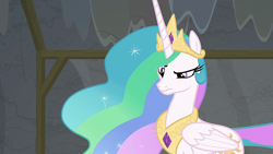 Size: 1920x1080 | Tagged: safe, derpibooru import, screencap, princess celestia, alicorn, pony, horse play, crown, female, jewelry, mare, regalia, skeptical, solo