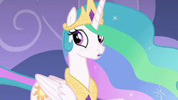 Size: 1920x1080 | Tagged: safe, derpibooru import, screencap, princess celestia, alicorn, pony, horse play, crown, female, jewelry, looking back, mare, open mouth, regalia, solo