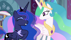Size: 1920x1080 | Tagged: safe, derpibooru import, screencap, princess celestia, princess luna, alicorn, pony, the beginning of the end, crown, duo, duo female, eyes closed, female, giggling, hoof on chest, hoof shoes, jewelry, mare, regalia, royal sisters, siblings, sisters, teeth, throne room