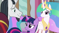 Size: 1920x1080 | Tagged: safe, derpibooru import, screencap, chancellor neighsay, princess celestia, twilight sparkle, twilight sparkle (alicorn), alicorn, pony, unicorn, school raze, crown, female, jewelry, male, mare, regalia, school of friendship, stallion, trio