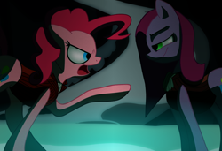 Size: 1024x699 | Tagged: safe, derpibooru import, edit, editor:tcgamebot, pinkie pie, earth pony, cave, clothes, confrontation, dr jekyll and mr hyde, dr pinkie and miss pie, dramatic, duality, female, fight, inner demons, mare, mirror pool, pinkamena diane pie, smiling