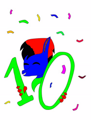 Size: 2448x3264 | Tagged: safe, artist:bluebatbirb, derpibooru import, oc, oc:blue pixel, bat pony, 10, bat pony oc, claws, confetti, eyes closed, happy, male, open mouth, sharp teeth, solo, teeth