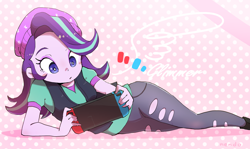 Size: 1430x855 | Tagged: safe, artist:nendo, derpibooru import, starlight glimmer, human, equestria girls, abstract background, beanie, clothes, console, female, hat, lying down, nintendo, nintendo switch, playing, playing video games, solo