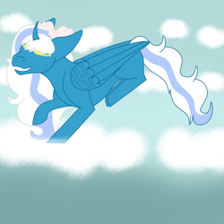 Size: 1280x1280 | Tagged: safe, artist:exp-adoptables, derpibooru import, oc, oc:fleurbelle, alicorn, alicorn oc, bow, cloud, eyes closed, female, hair bow, horn, mare, walking on clouds, wings