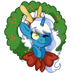 Size: 954x920 | Tagged: safe, artist:bub-a-dubb, derpibooru import, oc, oc:fleurbelle, alicorn, alicorn oc, bow, cute, female, hair bow, holly, horn, mare, one eye closed, simple background, transparent background, wings, wink, wreath