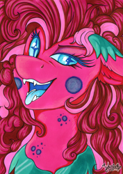Size: 3461x4896 | Tagged: safe, artist:julunis14, derpibooru import, part of a set, pinkie pie, earth pony, pony, bust, ear fluff, ears, fangs, gameloft interpretation, nightmare pinkie, nightmarified, portrait, solo, tongue, tongue out, wingding eyes