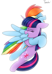 Size: 2480x3507 | Tagged: safe, artist:twidasher, derpibooru import, rainbow dash, twilight sparkle, unicorn twilight, pegasus, pony, unicorn, eyes closed, female, hug, lesbian, open mouth, shipping, signature, simple background, twidash, white background