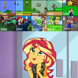 Size: 2896x2896 | Tagged: safe, derpibooru import, edit, edited screencap, screencap, sunset shimmer, a fine line, better together, equestria girls, excited, gamer sunset, luigi, mario, nintendo, obligatory human, obligatory pony, super mario 3d world, super mario 64, super mario bros., super mario bros. 2, super mario bros. 3, super mario galaxy, super mario galaxy 2, super mario odyssey, super mario sunshine, super mario world, yoshi