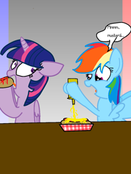 Size: 768x1024 | Tagged: safe, artist:crossovercartoons, derpibooru import, rainbow dash, twilight sparkle, twilight sparkle (alicorn), alicorn, pegasus, pony, bottle, cute, dialogue, digital art, drawing, food, gradient background, hot dog, implied eating, ketchup, looking down, looking to side, looking to the right, meat, mustard, open mouth, pouring, sauce, sausage, table, that pony sure does love mustard, tongue, tongue out