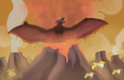 Size: 3282x2124 | Tagged: safe, artist:lordshrekzilla20, derpibooru import, kaiju, fanfic:the one true king, airship, fanfic art, godzilla (series), godzilla: king of the monsters 2019, lava, possessed, rodan, sombra eyes, story included, volcano