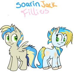 Size: 2000x2000 | Tagged: safe, artist:lejose, derpibooru import, oc, oc only, earth pony, pegasus, pony, blank flank, duo, female, filly, freckles, handkerchief, offspring, parent:applejack, parent:soarin', parents:soarinjack, simple background, white background