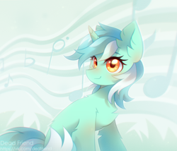 Size: 4010x3425 | Tagged: safe, artist:dedfriend, derpibooru import, lyra heartstrings, pony, unicorn, blushing, chest fluff, cute, ear fluff, ears, female, high res, leg fluff, lyrabetes, mare, music notes, sitting, solo