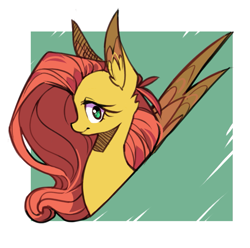 Size: 1145x1134 | Tagged: safe, artist:duckjifs246, derpibooru import, fluttershy, pegasus, pony, abstract background, bust, ear fluff, ears, female, looking at you, mare, portrait, profile, smiling, solo, wings