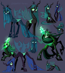 Size: 2941x3313 | Tagged: safe, artist:watchoutoprah, derpibooru import, queen chrysalis, changeling, changeling queen, alternate hairstyle, angry, annoyed, blue background, female, glowing horn, gritted teeth, horn, magic, open mouth, queen chrysalis is not amused, raised hoof, raised leg, simple background, sitting, solo, unamused
