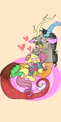 Size: 540x1080 | Tagged: safe, artist:cocolove2176, derpibooru import, discord, fluttershy, draconequus, pegasus, pony, blushing, clothes, discoshy, eyelashes, eyes closed, female, heart, hug, male, mare, shipping, straight, wings