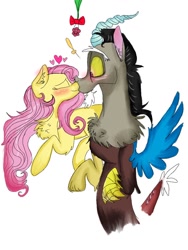 Size: 780x1040 | Tagged: safe, artist:cocolove2176, derpibooru import, discord, fluttershy, draconequus, pegasus, pony, blushing, chest fluff, discoshy, ear fluff, ears, eyes closed, female, flying, holly, holly mistaken for mistletoe, kissing, male, mare, shipping, simple background, straight, surprised, white background, wide eyes, wingless