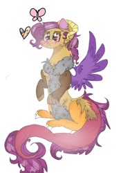 Size: 780x1040 | Tagged: safe, artist:cocolove2176, derpibooru import, oc, oc only, oc:coraliss rose, butterfly, draconequus, hybrid, female, interspecies offspring, offspring, parent:discord, parent:fluttershy, parents:discoshy, shipping, simple background, sitting, solo, white background