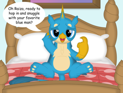 Size: 3534x2685 | Tagged: safe, artist:porygon2z, derpibooru import, gallus, griffon, beckoning, bed, implied canon x oc, implied oc, implied shipping, implied straight, paws, underpaw